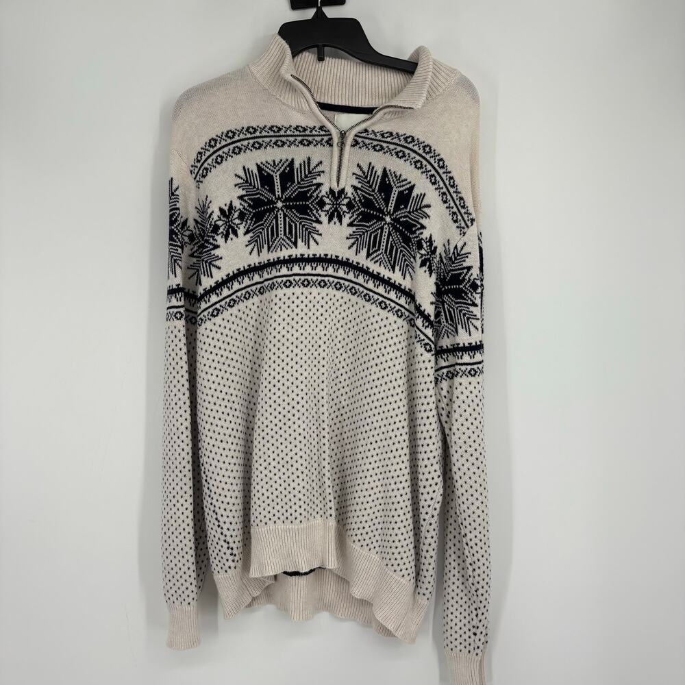 Aspen Sweater Men's Cream Fair Isle Snowflake 1/4 Zip Cotton Knit Pullover XL‎